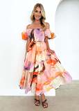 Bubble sleeve holiday slim dress spice girl high waist off shoulder printed dress