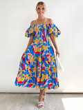 Bubble sleeve holiday slim dress spice girl high waist off shoulder printed dress