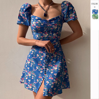 Summer fashion bubble sleeve floral V-neck button decorative short skirt dress