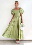 Bubble sleeve holiday slim dress spice girl high waist off shoulder printed dress