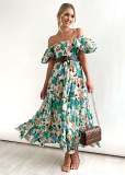 Bubble sleeve holiday slim dress spice girl high waist off shoulder printed dress