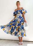 Bubble sleeve holiday slim dress spice girl high waist off shoulder printed dress