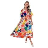 Summer new floral print bubble sleeve A-Line V-neck long skirt dress