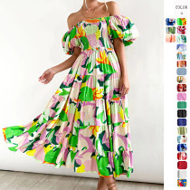 Bubble sleeve holiday slim dress spice girl high waist off shoulder printed dress