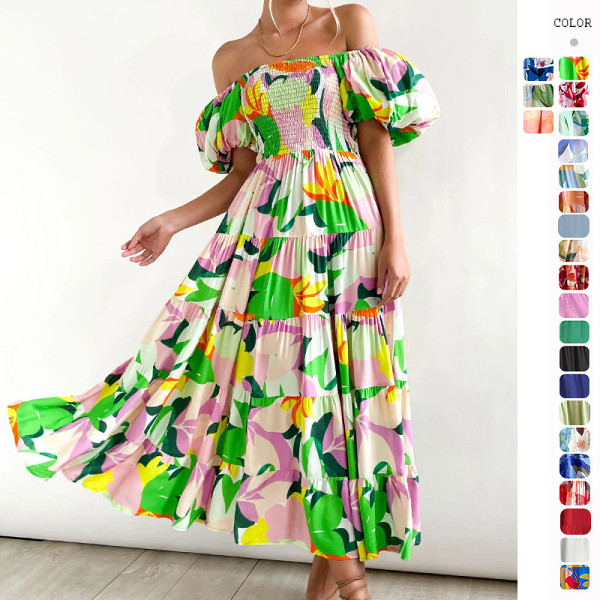 Bubble sleeve holiday slim dress spice girl high waist off shoulder printed dress