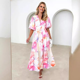 Summer new floral print bubble sleeve A-Line V-neck long skirt dress