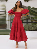 Bubble sleeve holiday slim dress spice girl high waist off shoulder printed dress