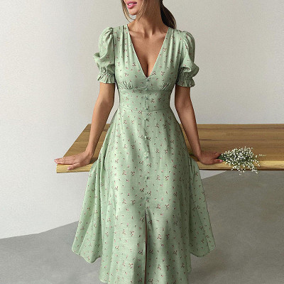 Summer new elegant single-breasted long skirt V-neck lantern sleeve printed dress