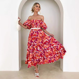 Bubble sleeve holiday slim dress spice girl high waist off shoulder printed dress
