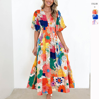 Summer new floral print bubble sleeve A-Line V-neck long skirt dress