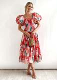 Bubble sleeve holiday slim dress spice girl high waist off shoulder printed dress