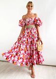 Bubble sleeve holiday slim dress spice girl high waist off shoulder printed dress
