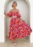 Bubble sleeve holiday slim dress spice girl high waist off shoulder printed dress