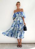 Bubble sleeve holiday slim dress spice girl high waist off shoulder printed dress