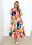 Summer new floral print bubble sleeve A-Line V-neck long skirt dress
