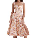 Slim suspender sexy split midi long women summer floral dress