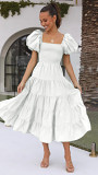 Bubble sleeve holiday slim dress spice girl high waist off shoulder printed dress