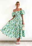 Bubble sleeve holiday slim dress spice girl high waist off shoulder printed dress