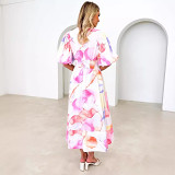 Summer new floral print bubble sleeve A-Line V-neck long skirt dress