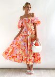 Bubble sleeve holiday slim dress spice girl high waist off shoulder printed dress