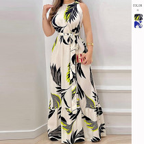 Summer sleeveless printed lotus leaf stitching long dress
