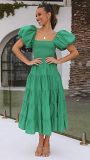 Bubble sleeve holiday slim dress spice girl high waist off shoulder printed dress
