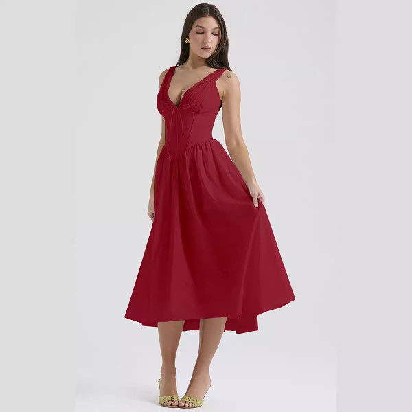 Sling dress elegant retro fashion printed V-neck long dress