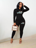 Casual Rhinestone print long sleeve blouse top long leisure Pants Set