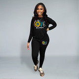 Casual Rhinestone print long sleeve blouse top long leisure Pants Set