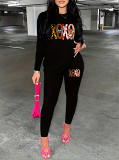Casual Rhinestone print long sleeve blouse top long leisure Pants Set