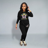 Casual Rhinestone print long sleeve blouse top long leisure Pants Set
