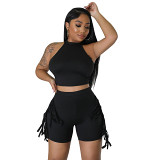 Sleeveless round neck tassel solid color casual two piece set