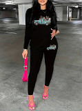 Casual Rhinestone print long sleeve blouse top long leisure Pants Set