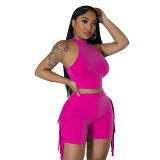 Sleeveless round neck tassel solid color casual two piece set