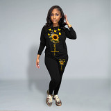 Casual Rhinestone print long sleeve blouse top long leisure Pants Set
