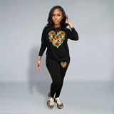 Casual Rhinestone print long sleeve blouse top long leisure Pants Set