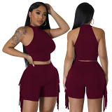 Sleeveless round neck tassel solid color casual two piece set