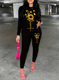 Casual Rhinestone print long sleeve blouse top long leisure Pants Set