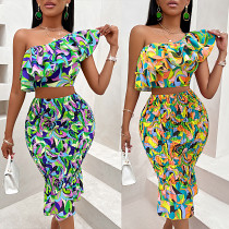Inclined shoulder lotus leaf print ladies suit