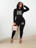 Casual Rhinestone print long sleeve blouse top long leisure Pants Set