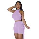 Sleeveless round neck tassel solid color casual two piece set