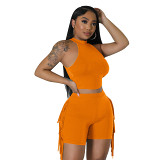 Sleeveless round neck tassel solid color casual two piece set