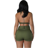 Chest wrapped sexy top pocket overall shorts solid two piece suit