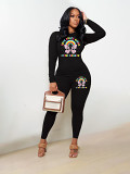 Casual Rhinestone print long sleeve blouse top long leisure Pants Set