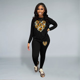 Casual Rhinestone print long sleeve blouse top long leisure Pants Set