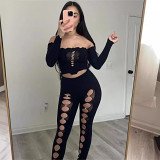 Solid color off shoulder long sleeve crop top hollow tight sexy legging 2 piece suit