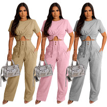 Thick cotton short sleeve pleated T-shirt loose wide leg pants 2 piece outfits
