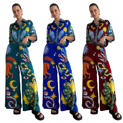 Printed tropical fashion casual two piece summer women pants set