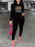 Casual Rhinestone print long sleeve blouse top long leisure Pants Set
