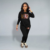 Casual Rhinestone print long sleeve blouse top long leisure Pants Set